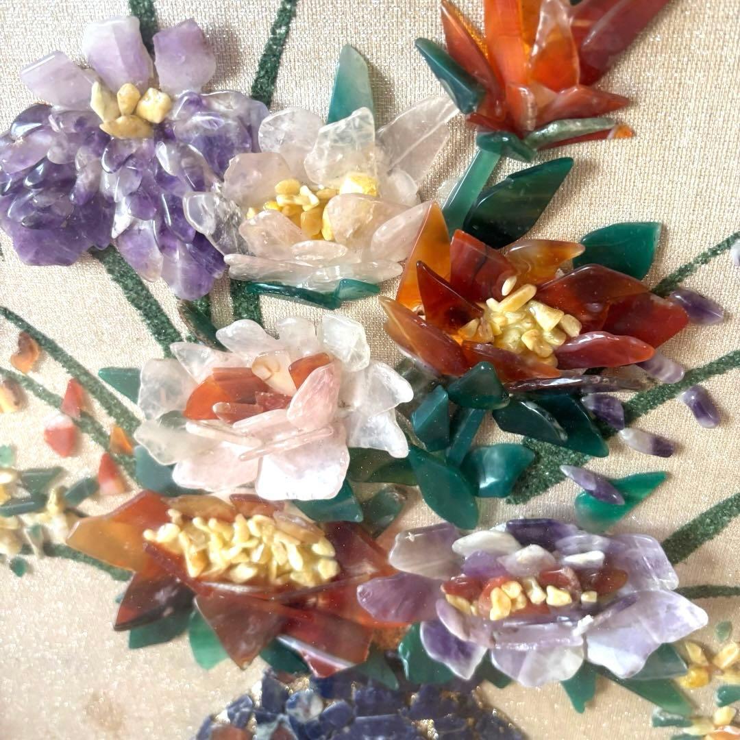 【アンティーク】額装 額縁 宝石画 原石 鑑賞石 花瓶 花 絵画 ストーンアート