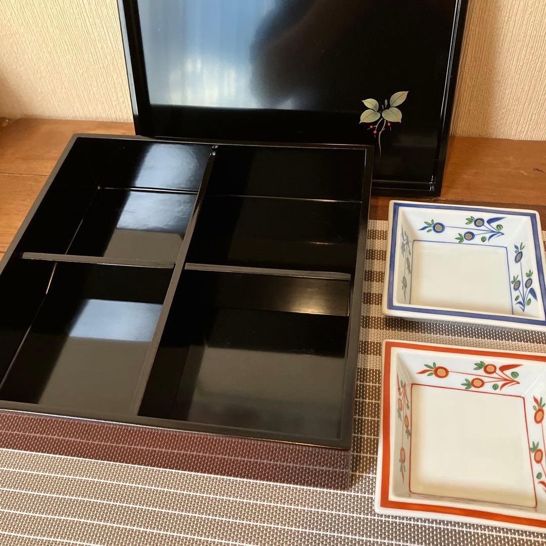 【美品】漆器 本漆塗り 重箱 一段重 松花堂 おせち 陶製小鉢付