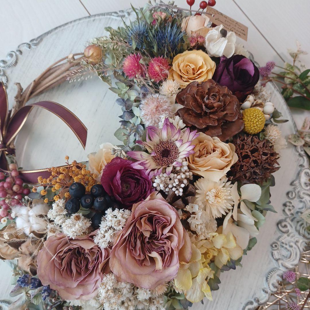 ドライフラワーリース ハンドメイド フラワーリース＊紫陽花リース 薔薇 ３６