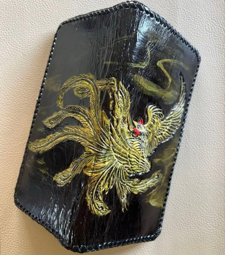 本革 長財布　ハンドメイド レザーカービング　バイカーズウォレット　黒
