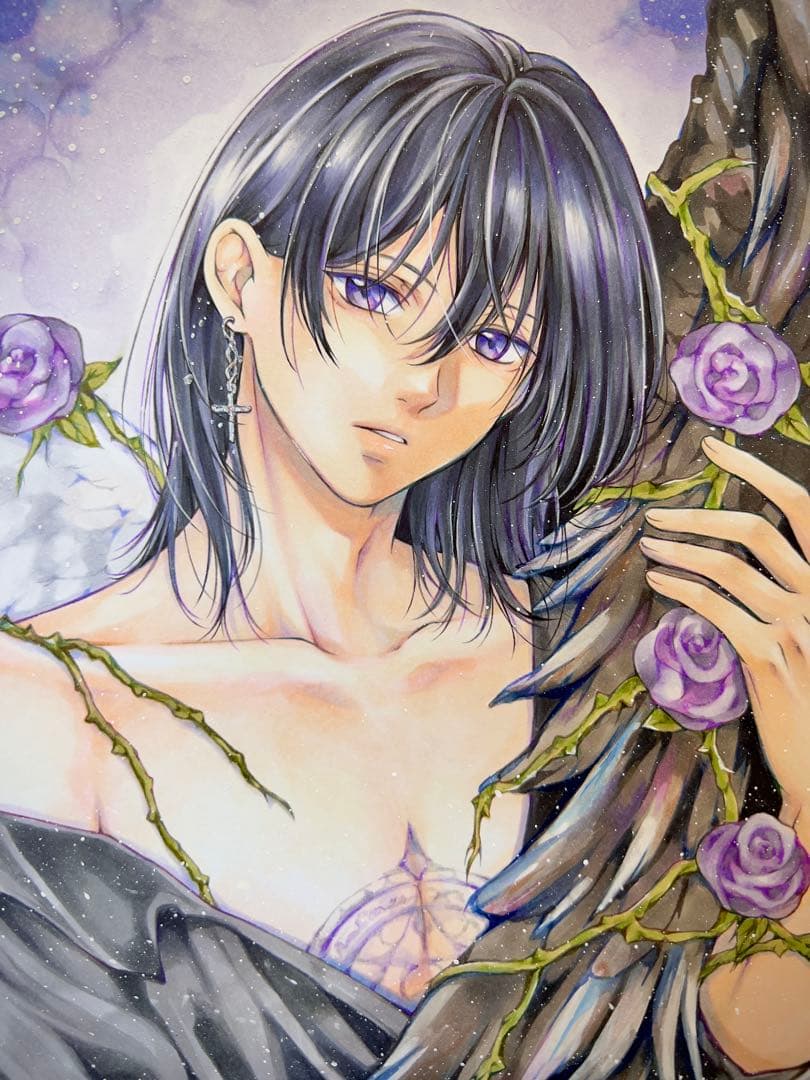 m*可様 手描きイラスト＊紫の刻印＊堕天使の男の子＊創作原画 色紙イラスト